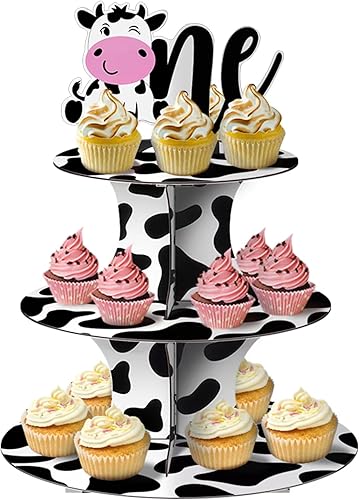 Miniatura 2 de Soporte de cartón para cupcakes de 3 niveles con estampado de vaca de animales de granja para vaca, decoración de fiesta de cumpleaños, baby shower,