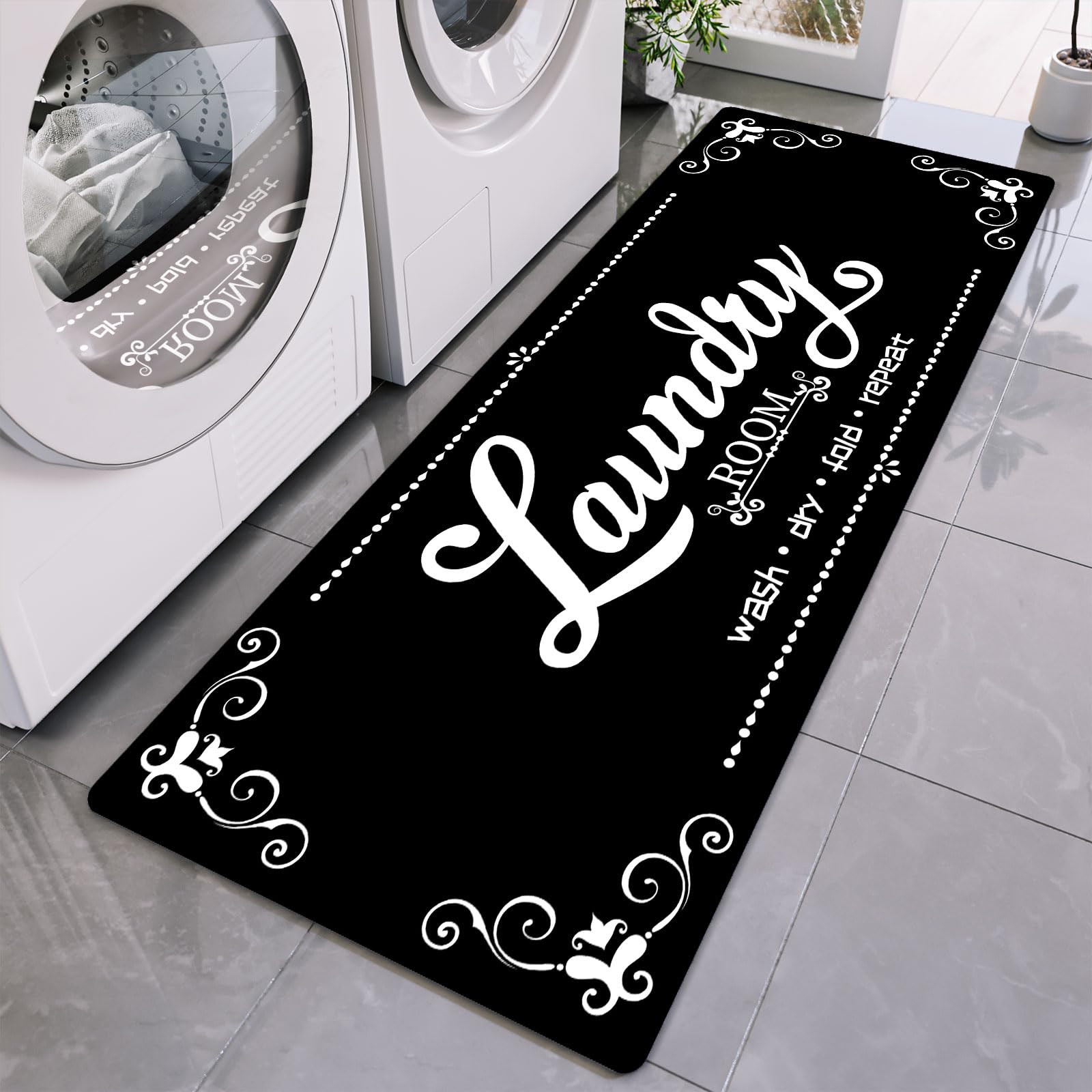 Laundry Room Rug Runner, 17.7"x45" Non Slip Black Laundry Rugs, Farmhouse Washable Floor Laundry Mats for Laundry Room, Mudroom, Kitchen, Washroom, Bathroom, Hallway Entryway Area Rugs Decor