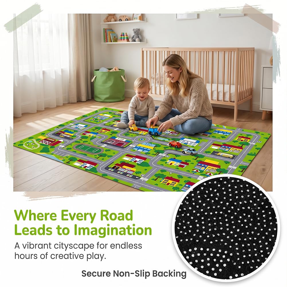 Spielteppich Stadt Rectangular Anti Slip Rug, Weicher Kuscheliger Teppich Kristall, Cartoon Teppiche Fein Vernähter Rand Ideale für Kinderzimmerdekoration und Spielspaß 80 * 120CM (Green)