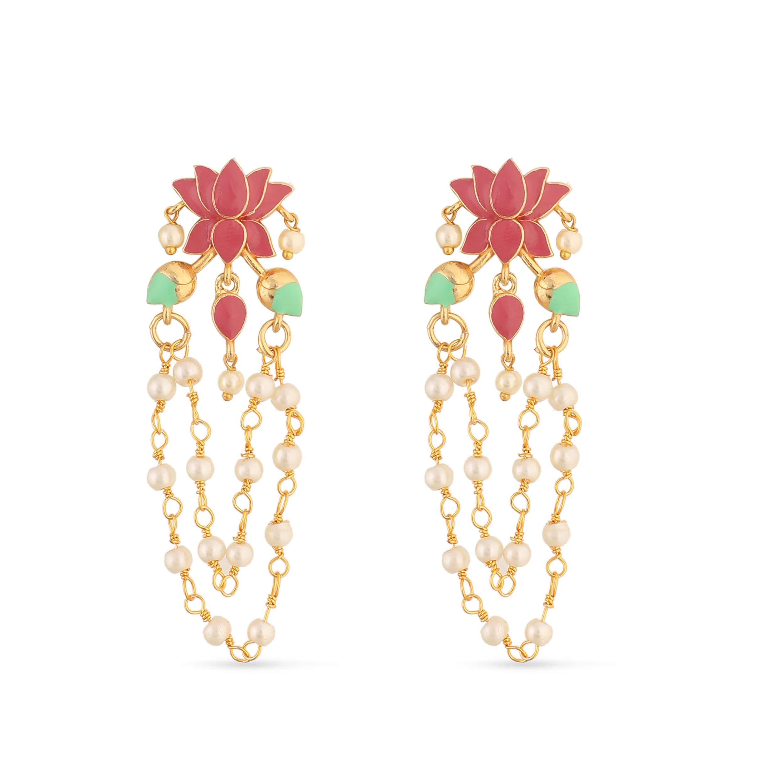 TARINIKABrass Gold and Enamel Plating Jalaja Layered Pearl Hanging Drop Earrings with Floral Design - Indian Earrings for Women - Perfect for Casual ocassion