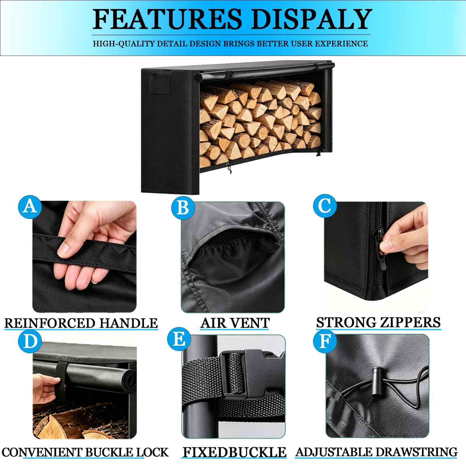 600D Copertura Impermeabile Oxford per Legna da Ardere | Uso Interno ed Esterno | con Cerniera e Doppio Sistema di Ventilazione (Non Include Portapacchi),Nero,152x61x122cm