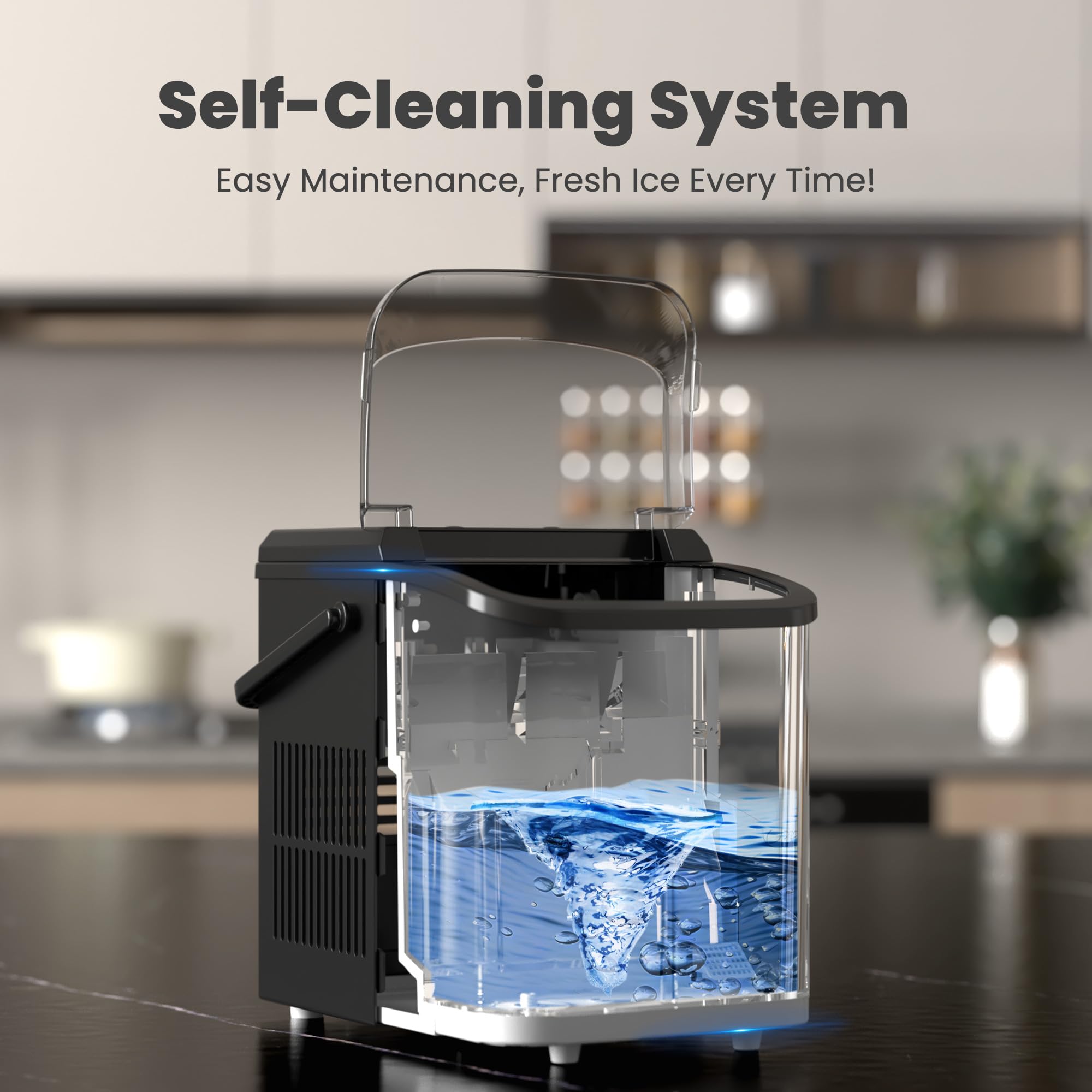 DUMOS Fast & Quiet Ice Maker for Countertop – 9 Bullet Cubes in 6 Mins, 26lbs/Day, Self-Cleaning Portable Ice Machine with Handle for Home, Kitchen, Dorm, Black - Image 7