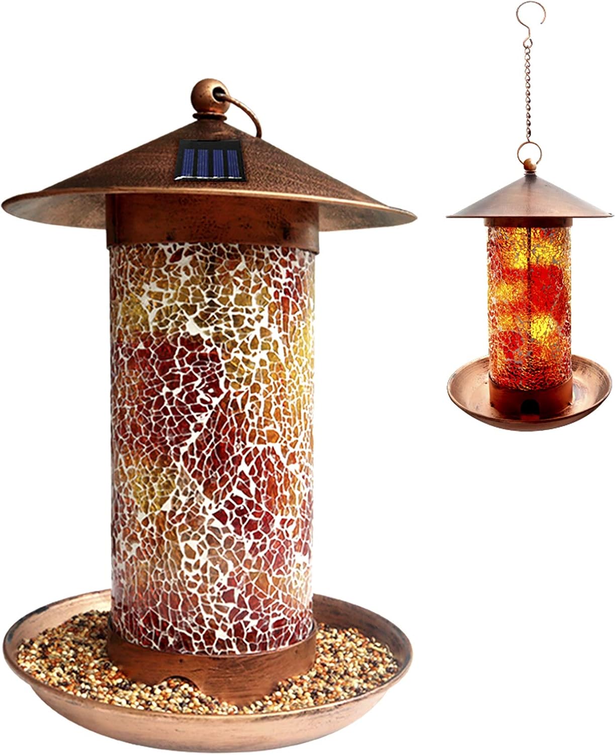MIXXIDEA Solar Bird Feeders for Outdoor Hanging, Premium Metal Hummingbird feeders, Waterproof Wild Bird Feeder with Light for Feeding, Unique Retro Bird Feeders for Bird Lovers (Mosaic Copper)