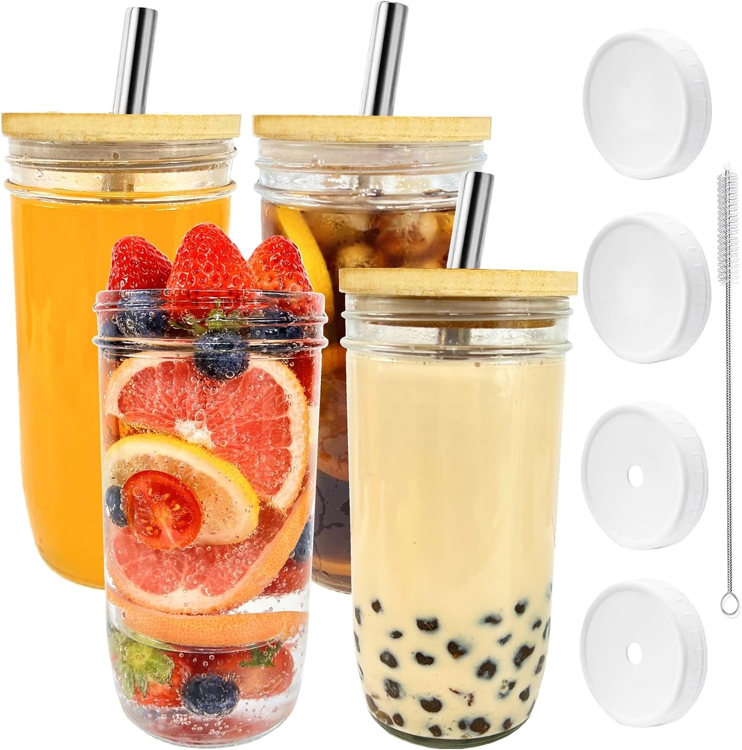 Amazon.com: 4 Pack Glass Cups with Lids and Straws, 24oz Iced Coffee ...