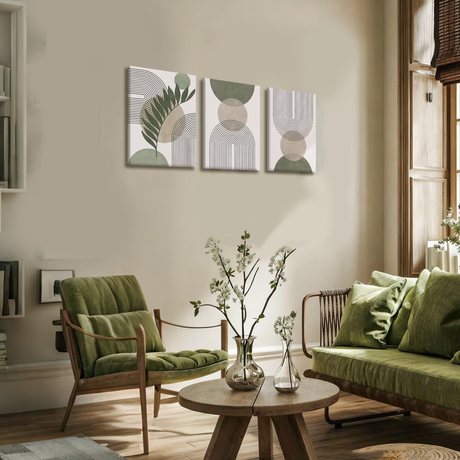 NCCXNCC 3Pcs Modern Geometric Canvas Wall Art Bohemian Style Green Abstract Wall Decor Art Minimalist Line Leaf Posters Print Suitable for Living Room Bedroom and Office Decoration 12x16 Inch Framed