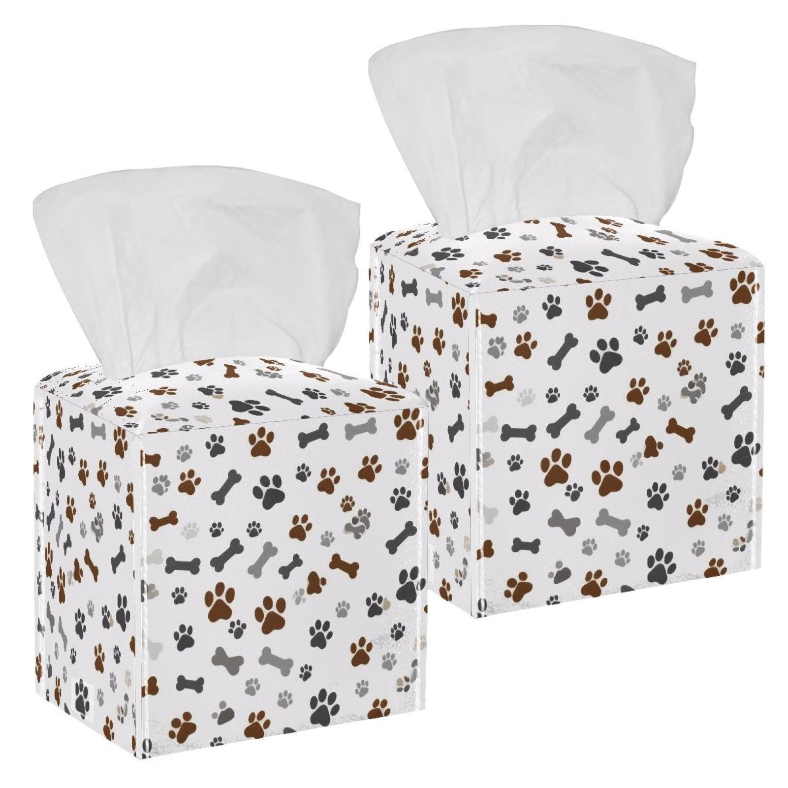 Dogs Paws Bones Tissue Box Cover, 2 Pack PU Leather Square Facial Tissue Dispenser Box holder for Home Office Car