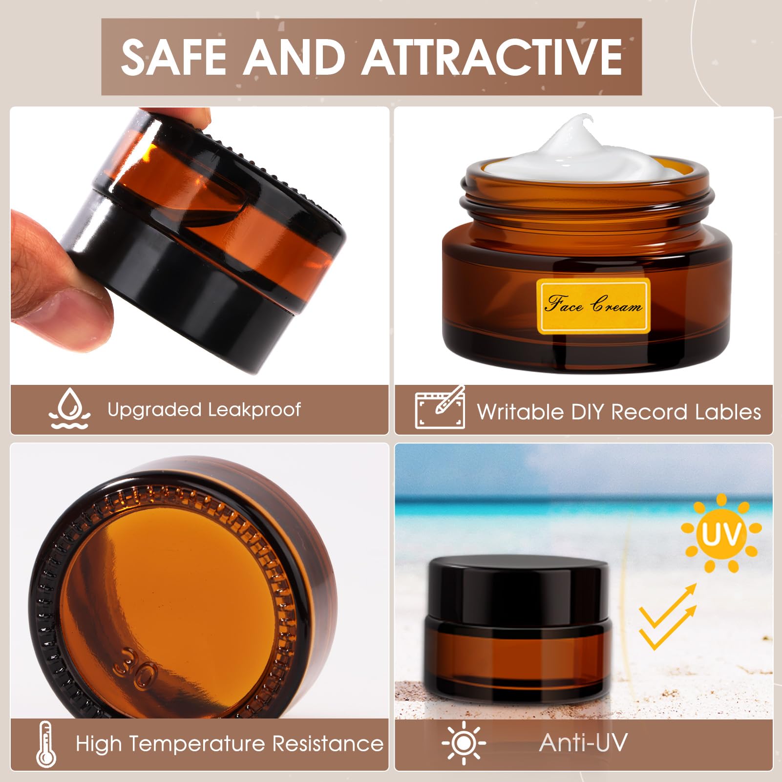 Ámbar Tarros Cosmeticos 20ml, Tarros de Crema con 2 Raspadores, Contenedor de Cosméticos Marrón, Tarro de Cristal con Tapa