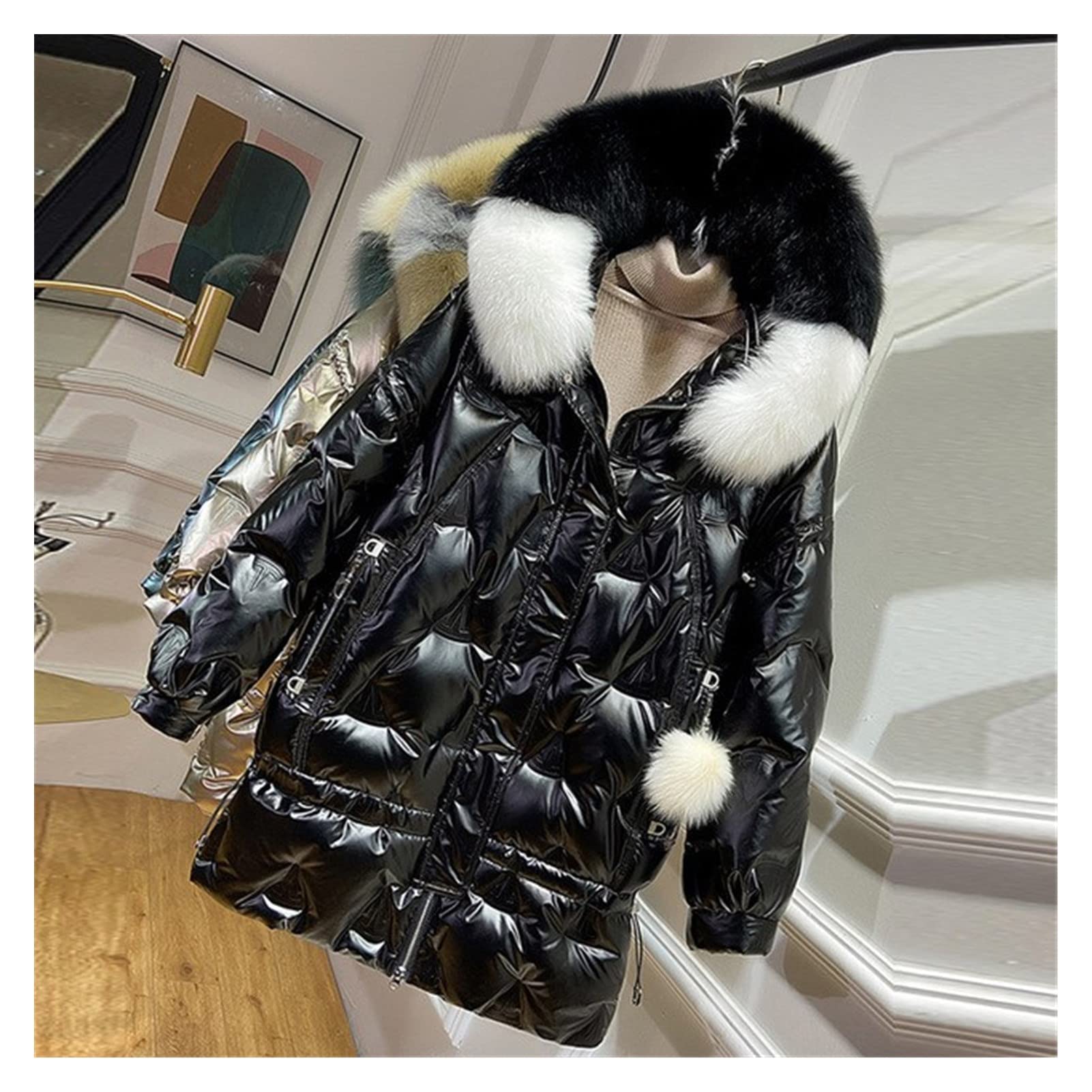 光沢ブラック フード付きダウンジャケット