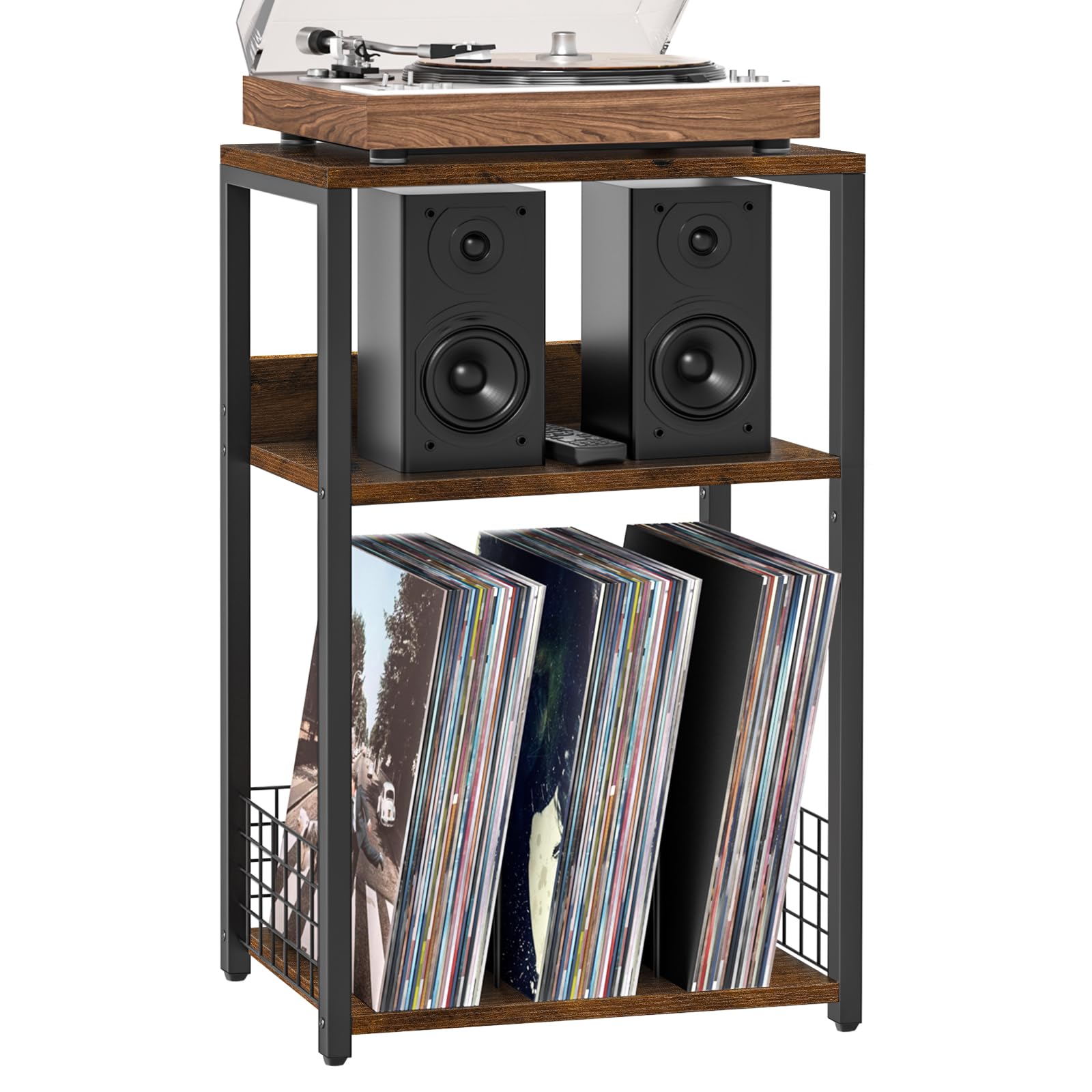 LELELINKY Large Brown Record Player Stand, 3 Tier 18" Wide Big End Table with Vinyl Storage Up to 130 Albums, Industrial Turntable Printer Tables, Modern Side Tables for Living Room, Bedroom, Office
