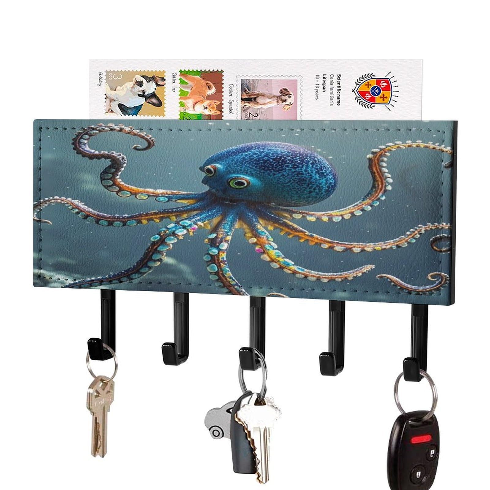 FekiLoot Octopus Key Holder Wall Mount Key and Mail Holder Key Hanger with 5 Hooks Decorative PU Key Rack Hanging Key Hooks for Wall Living Room Kitchen Bathroom Hallway Black-Style