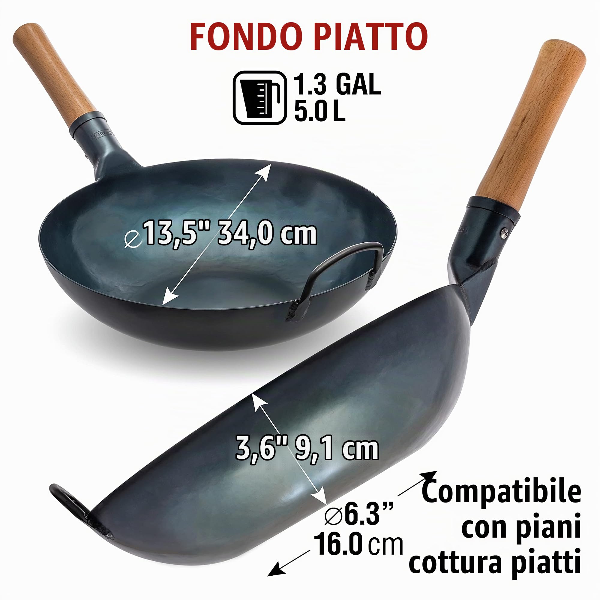 YOSUKATA Wok Padella Professionale 34 cm - Tradizionale Wok Acciaio al Carbonio Blu Fondo Piatto Precondizionato + Spatola e Mestolo Cucina per Wok 43 cm