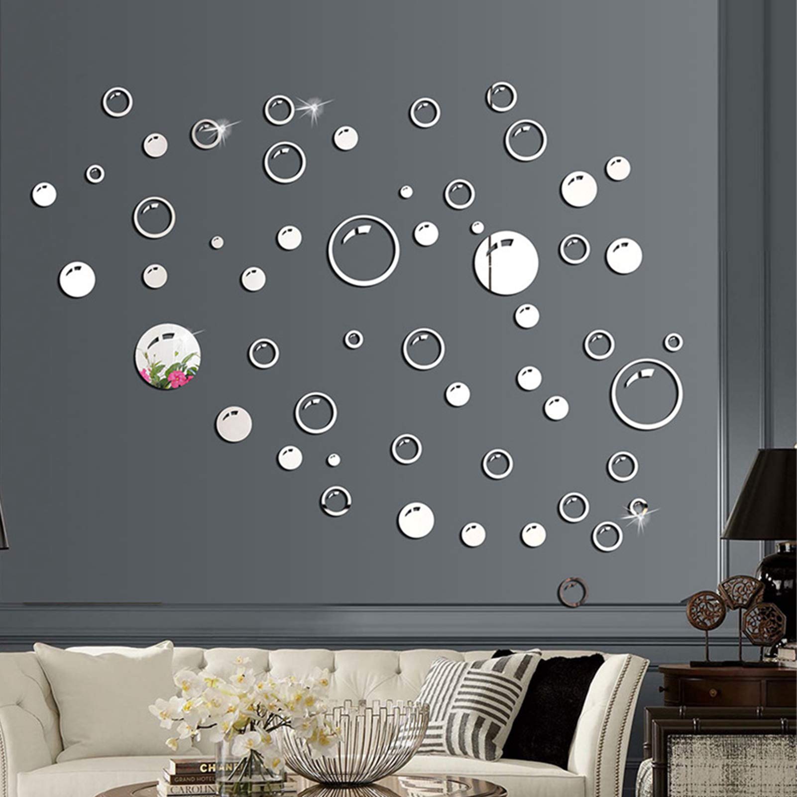 Autocollant mural miroir bulles argentdeco salon design et moderne