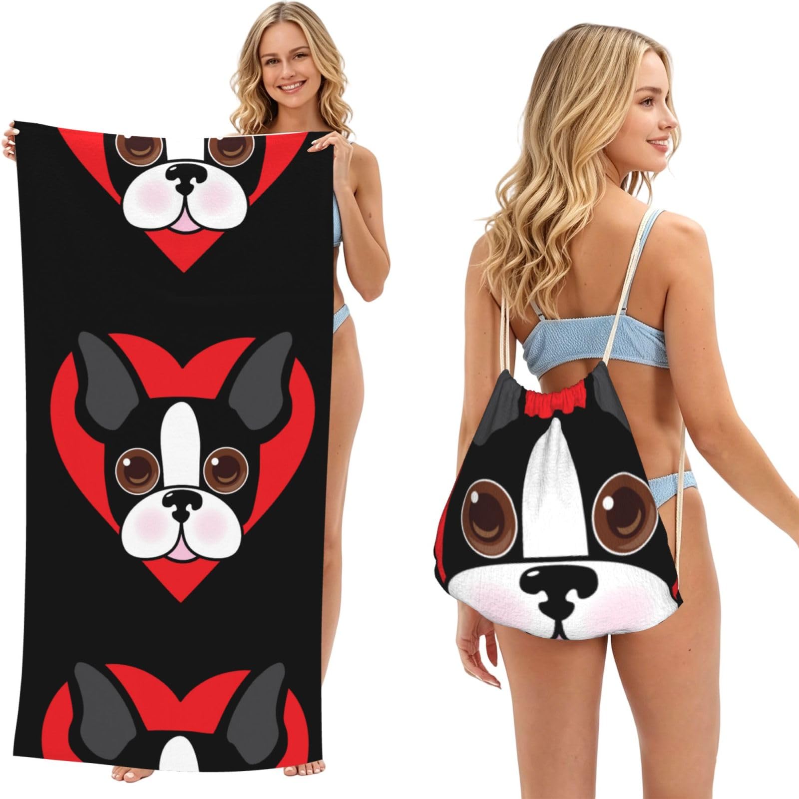 Poadnly As Picture Boston Terrier Face, 2 In 1 Packable Towel Bag, Beach Towels With Drawstring Backpack For Travel Holiday Camping
