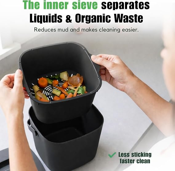YourCasa Kitchen food waste bin caddy - countertop small compost bin kitchen counter with lid trash can - 4L - Dishwasher Safe - Odour Proof - Inner Sieve - indoor food recycling composter (Black)