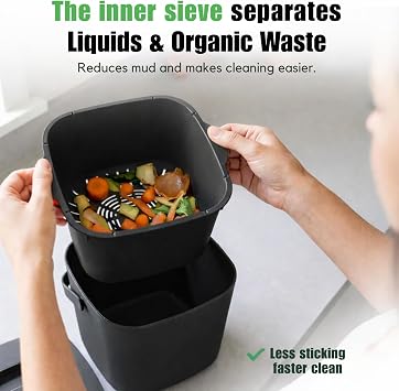 YourCasa Kitchen food waste bin caddy - countertop small compost bin kitchen counter with lid trash can - 4L - Dishwasher Safe - Odour Proof - Inner Sieve - indoor food recycling composter (Black)
