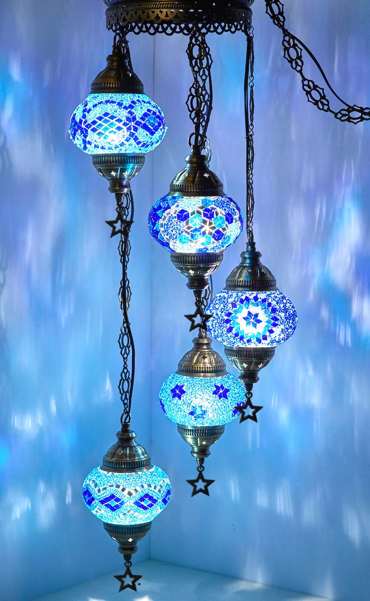 Farol Colgante De Mosaico Turco-Marroquí Bohemio | Hecho A Mano Con Vidrio Colorido Y Cadenas De Hojas | 24 Pulgadas De Altura | Decoración Para Interior