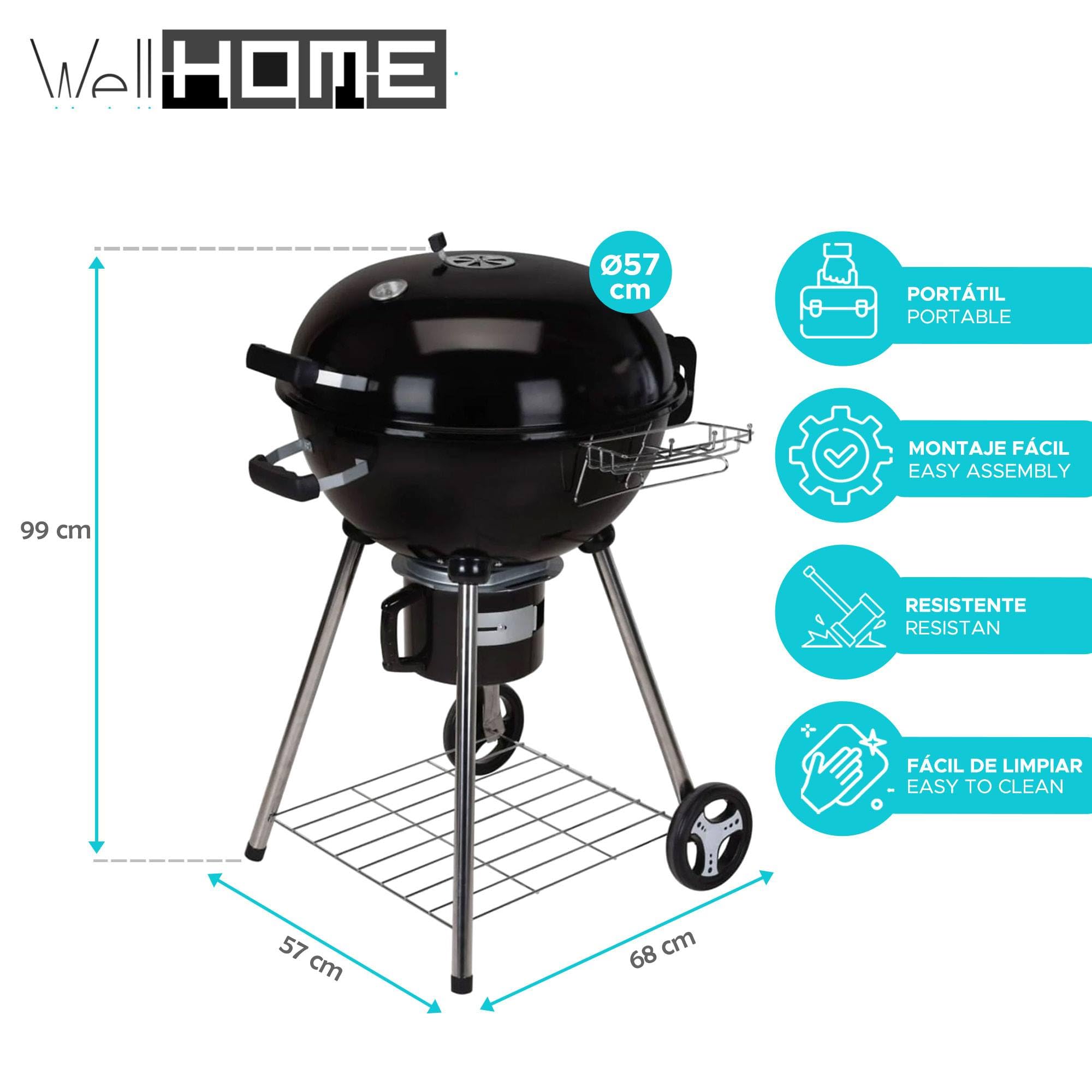 Well Home Barbacoa de carbón H.99cm en 4 Patas y Ruedas