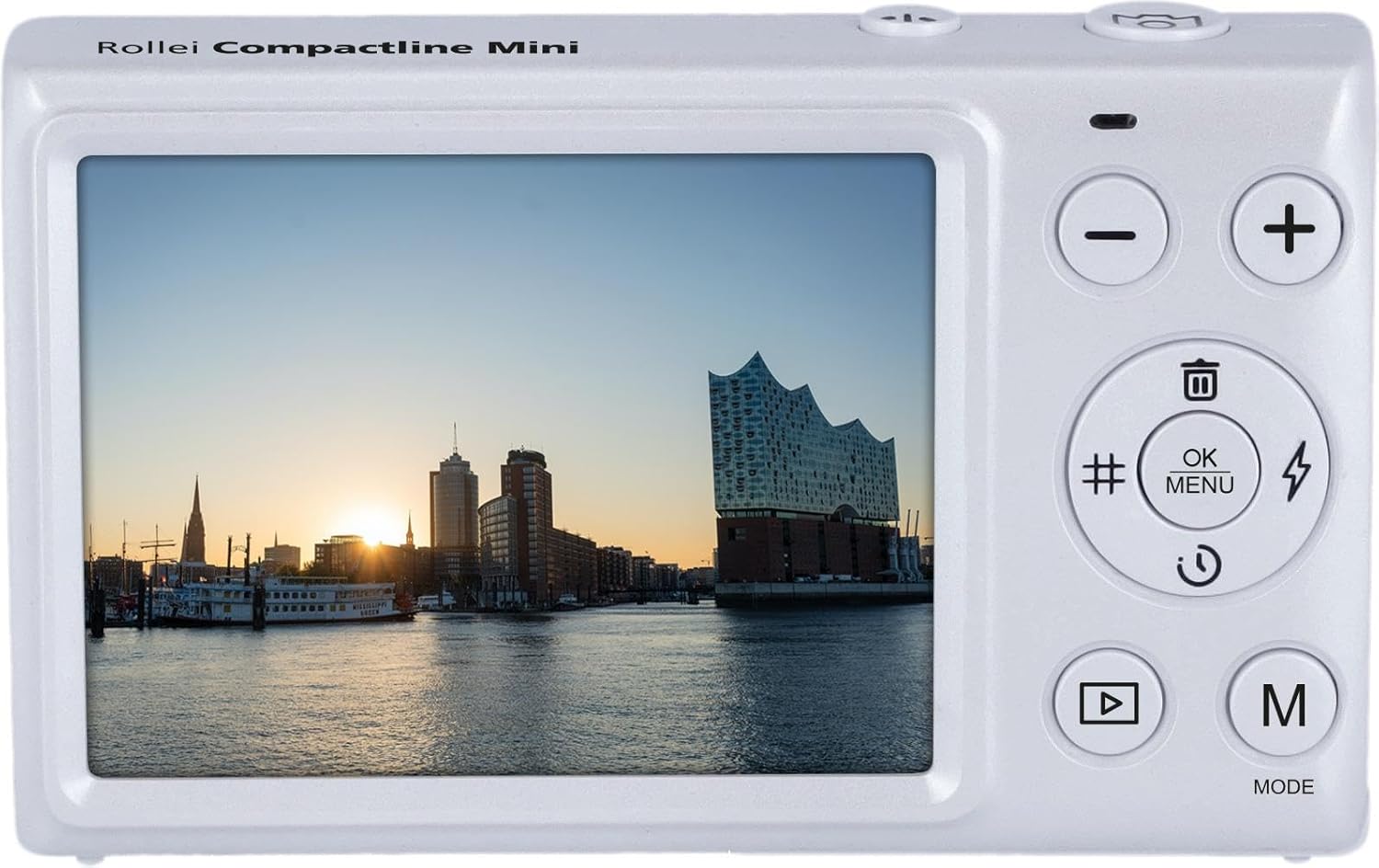 Hinteren view of the Rollei Compactline Mini Digital Camera, showing the display and control buttons