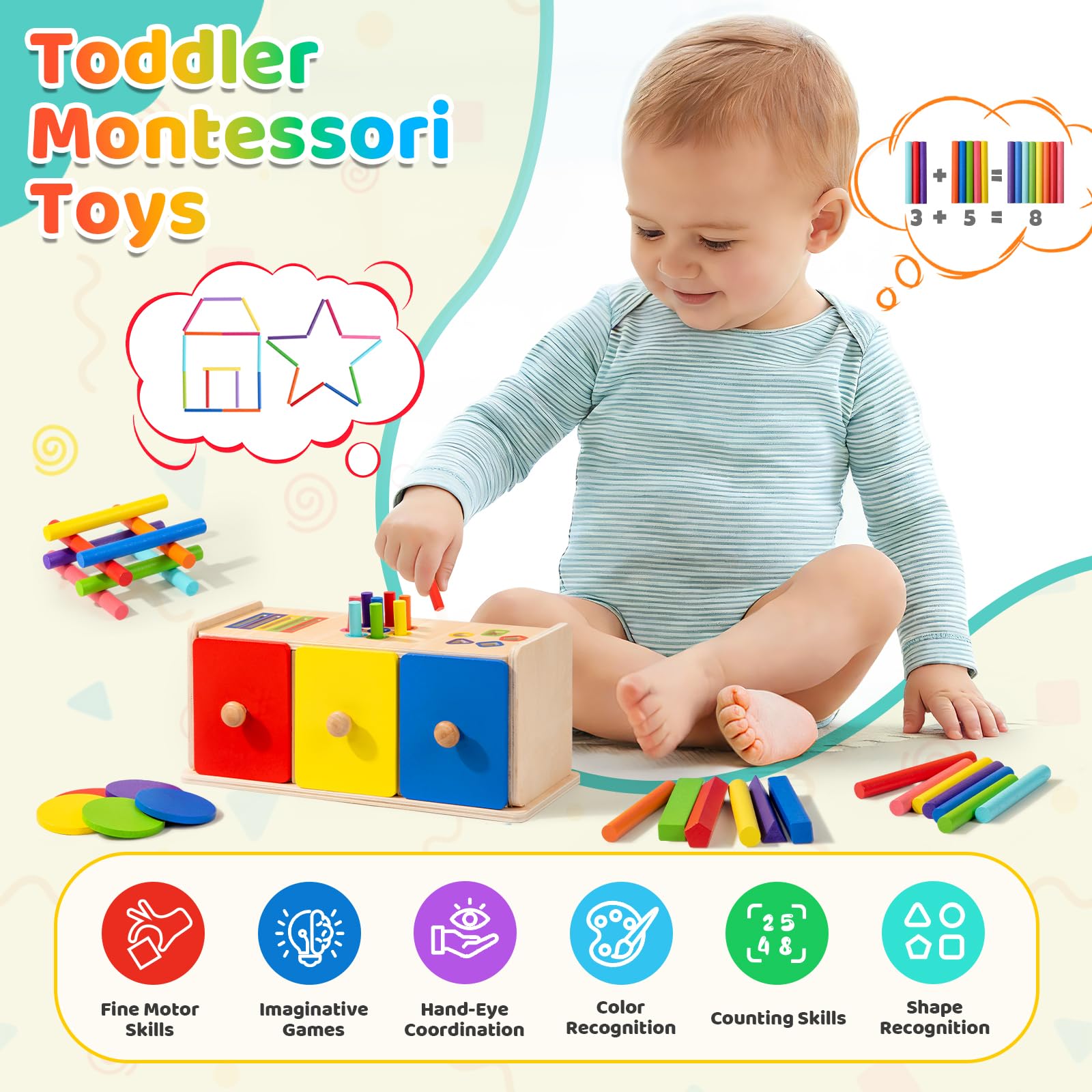 Juguetes Niños 1 2 3 Años, 3 en 1 Juguetes Montessori de Madera 1-3 Años Juego de Clasificación por Color y Forma, Montessori Juegos Educativos Aprendizaje Sensorial Regalos para Niños Niñas — view 2