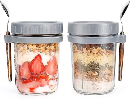 Miniatura 1 de Tarros de avena con cuchara y tapa de 16 onzas 2 paquetes, recipiente hermético de avena con marcas de medición, tarros Mason con tapa para