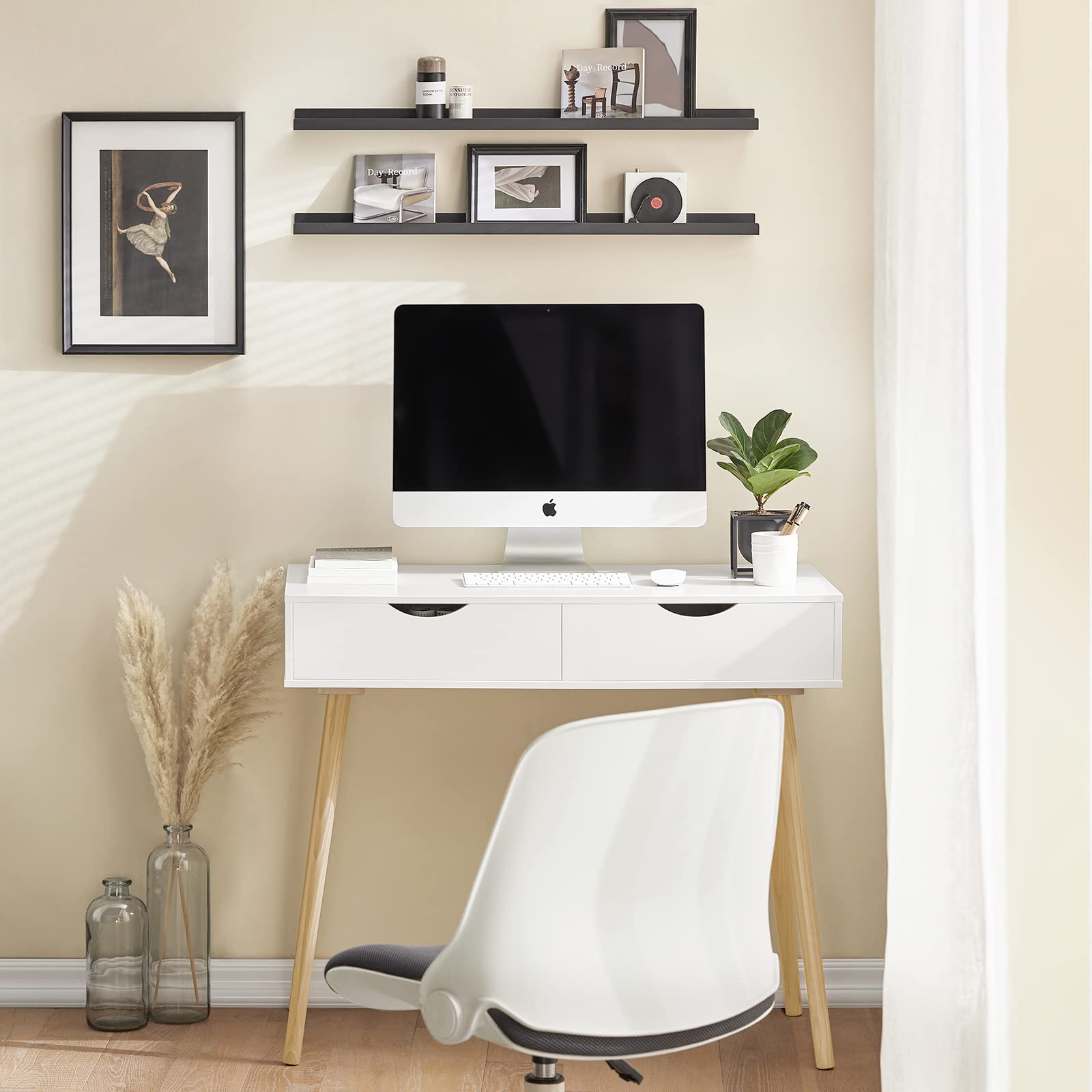SoBuy Scrivania con 2 cassetti, Gambe in Legno di Pino, Scrivania Ufficio Compatta, Tavolo da Lavoro per Studio Cameretta e Camera da Letto, L90*P45*A77cm, FWT40-WN