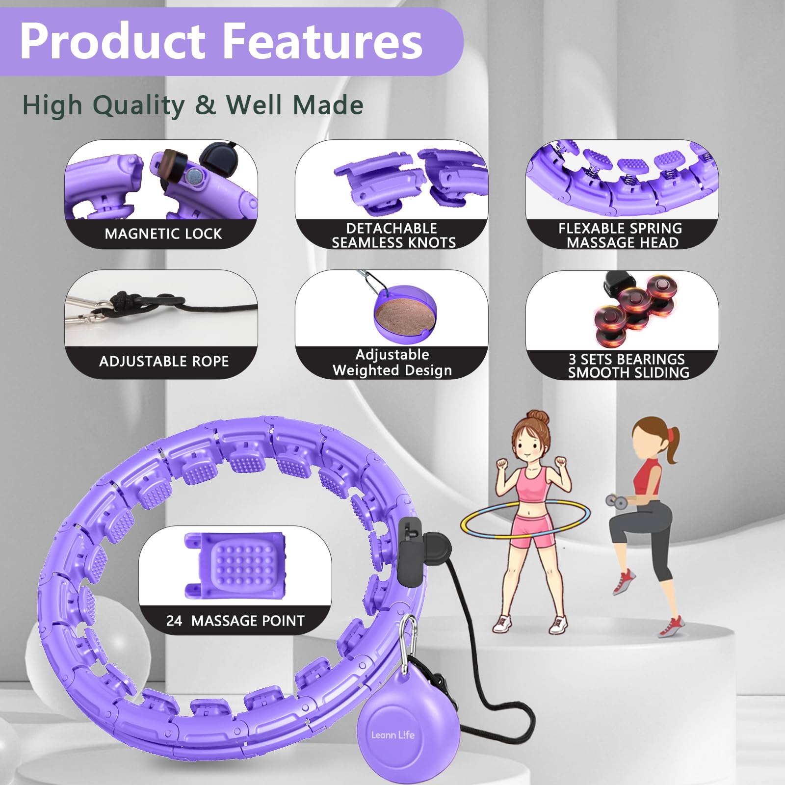 U1-30 nodi vita 142,2 cm, chiusura magnetica intelligente Hula Hoop ponderato per adulti perdita di peso, Infinity Hoop Plus Size, bambini adulti casa all'aperto, esercizio fitness,