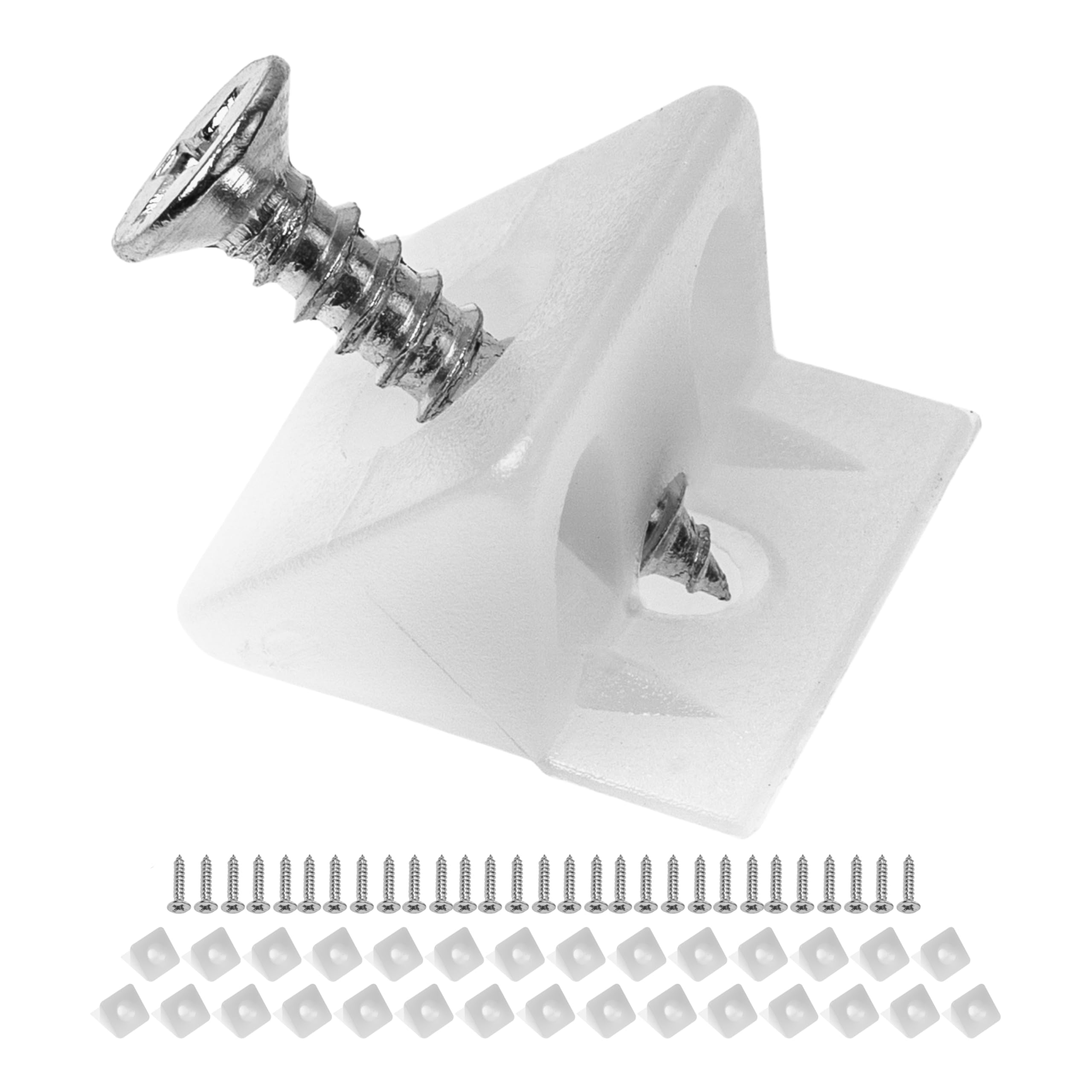 Cunei per mobili per fondi di cassetti e schienali di armadi, 30 cunei, incl. viti per legno M2 x 16 mm, in bianco, in plastica, angolare a L 14 x 9 mm, connettore per pannello posteriore dell'armadio