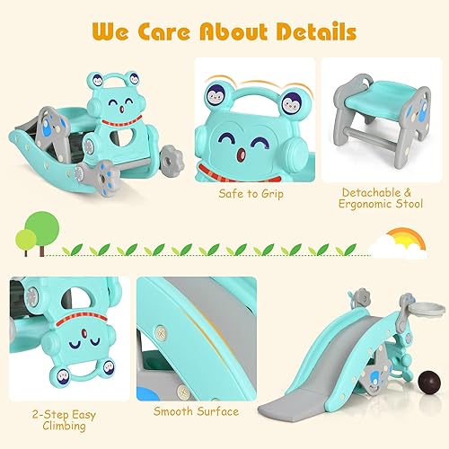 Miniatura 5 de Costzon Juguete oscilante 5 en 1 para niños pequeños, tobogán para niños con taburete desmontable, aro de baloncesto y juego de anillo, tobogán