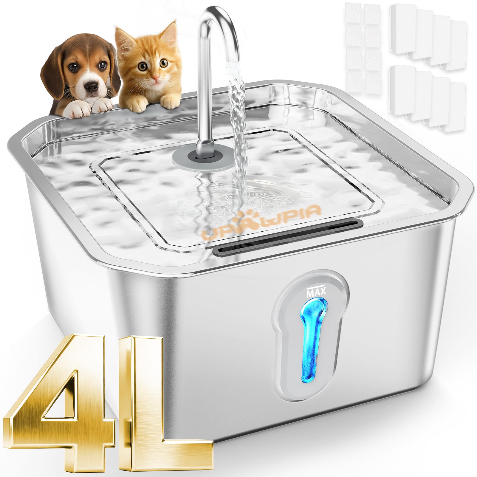4L/135oz Large Cat Water Fountain Stainless Steel with 8 Filters Pet Water Fountain for Cats Quiet Indoor Pets Dog Small Animal Automatic Dog Water Dispenser for Drinking Watering Supplies