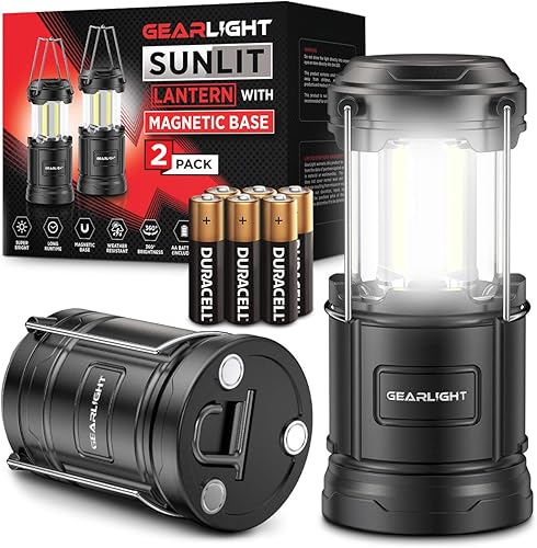 GearLight Linterna de camping – 2 faroles LED portátiles con base magnética y gancho plegable para uso de emergencia o campamentos, kit esencial de