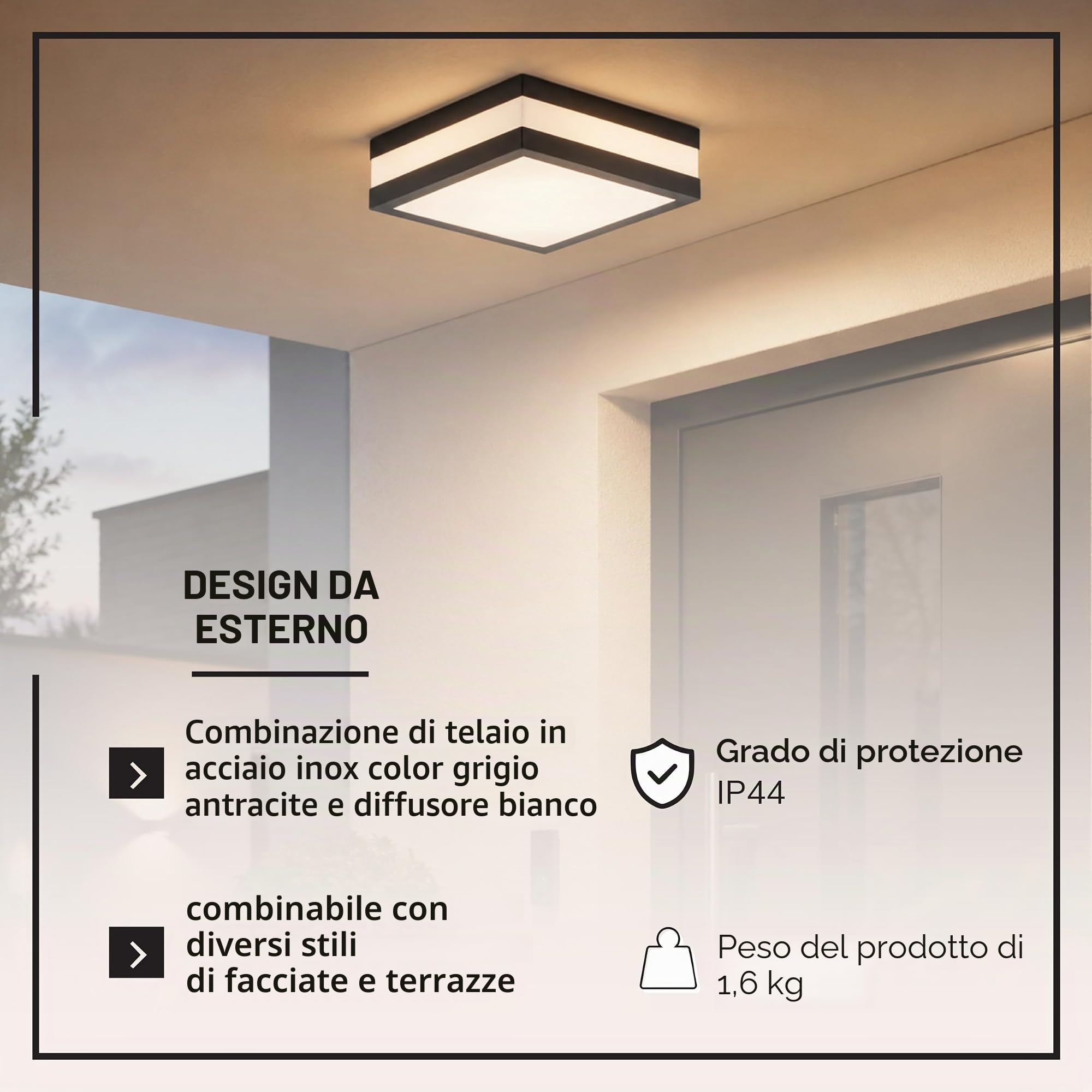 Plafoniera funzionale dal design semplice per esterni, per 2 lampadine E27, max 11 W, in acciaio inossidabile e plastica, colore: antraciteLED integrato, (2300lm, 3000K), A