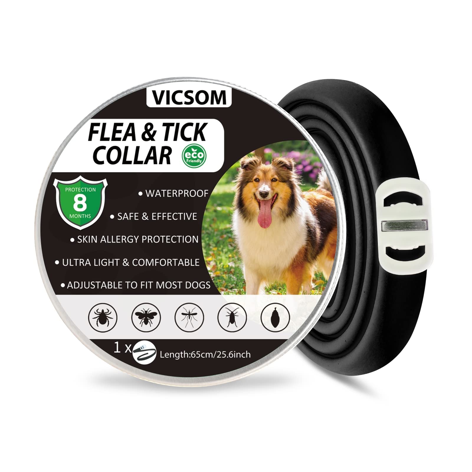 Collares Antiparasitario para Perros, Collar Antipulgas Perros, Collar de Pulgas y Garrapatas para Perro Impermeable Regulable, Válido 8 Meses para Perros de Todos los Tamaños Negro 1Pc