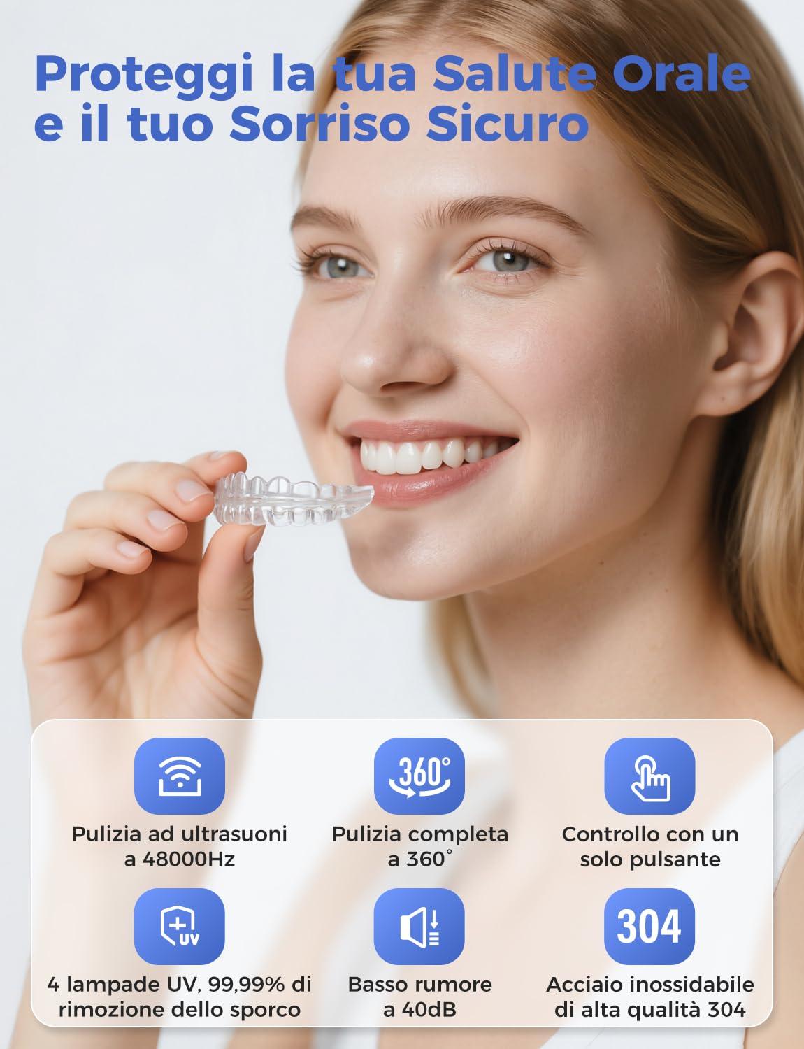 Pulitore Ultrasuoni 48000Hz, Pulitore Ultrasuoni Apparecchio Denti 200ml con UV Lampada e Pulizia di Baske, per Bite/Protesi dentali/Fermi/Testine di Spazzolini da Denti, Bianco