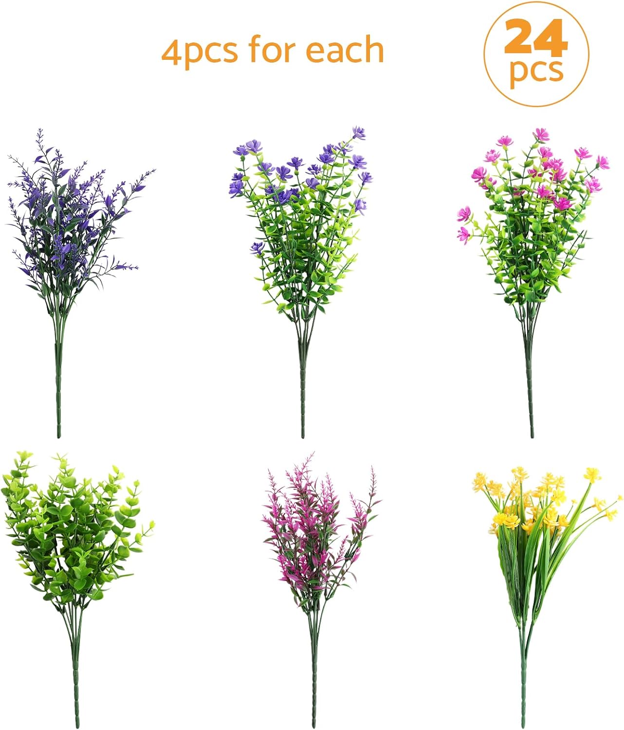 24PCS Artificial Flowers Outdoor, 6 Styles Mixed Fake Flowers for Home Decor,Shrubs Plastic Flower for Home Decor Indoor Outdoor,Wedding,Party,Office,Garden,Patio,Hotel,Fall Summer Decor