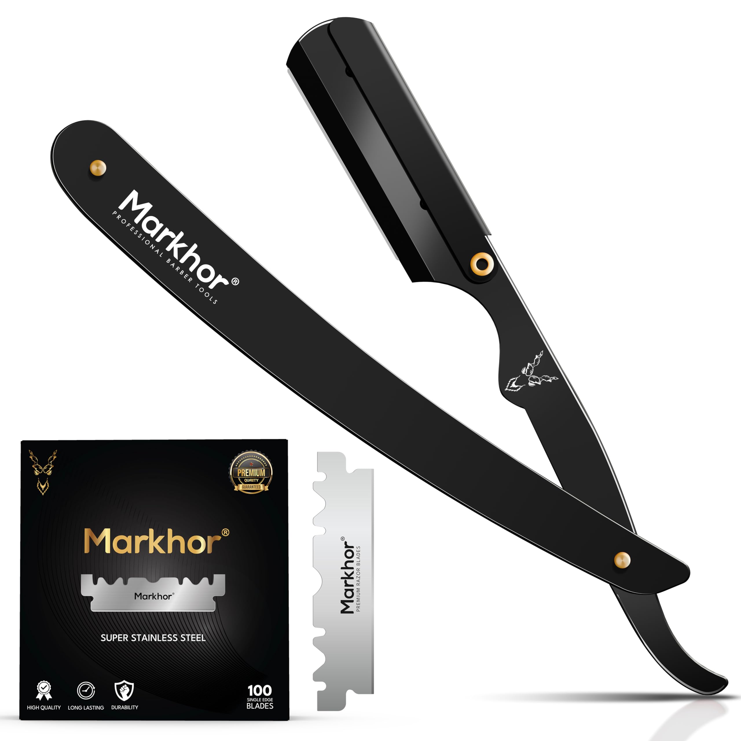 MARKHOR® Straight Razors for Men with Leather Pouch & Replaceable Blades, Premium Quality Matte Black Color Coating, Barber Razor Blade, Single Blade Razor, Straight Edge Razors, Navajas Para Barbero