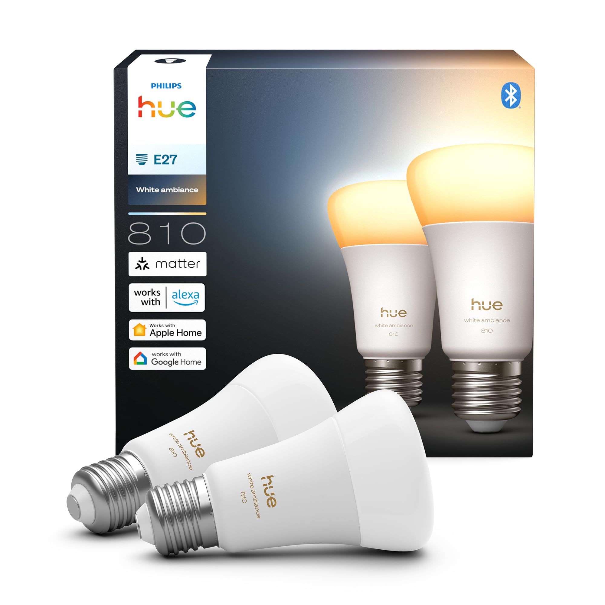 Żarówka Philips Hue Smart LED A60, White Ambiance, trzonek E27, 6 W, pełne spektrum światła 1000K–20000K, 810 lumenów, przyciemnianie, działa z Alexa, Google Assistant i Apple Home, op. 2 szt.
