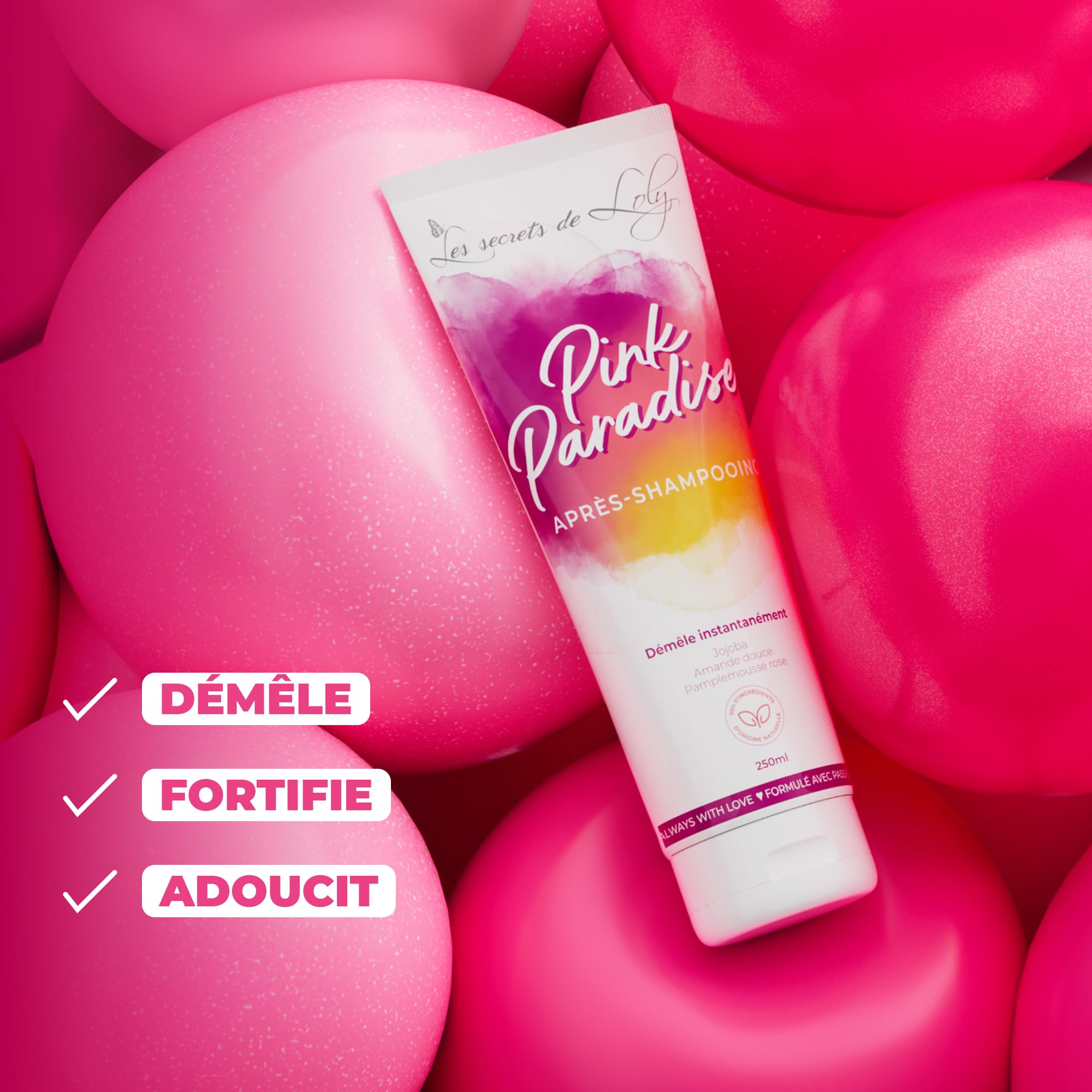 Les Secrets de Loly – Pink Paradise – Après-shampooing ultra démêlant Fortifie & adoucit – Cheveux ondulés, bouclés, frisés et crépus – +98% d'origine naturelle – 250 ml