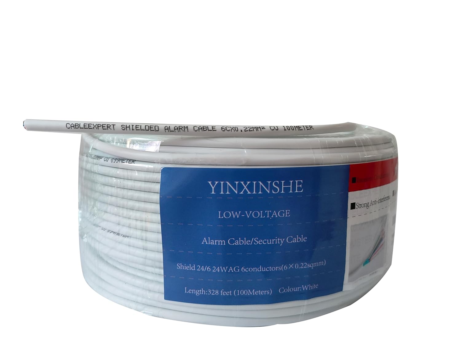 24/6 Shielded Alarm Cable, 24 AWG (6C x 0.22mm²), 328ft (100m), Pure Copper Alarm Control Cable, Full Copper, Foil Shield - for Security/Audio/Intercom, White