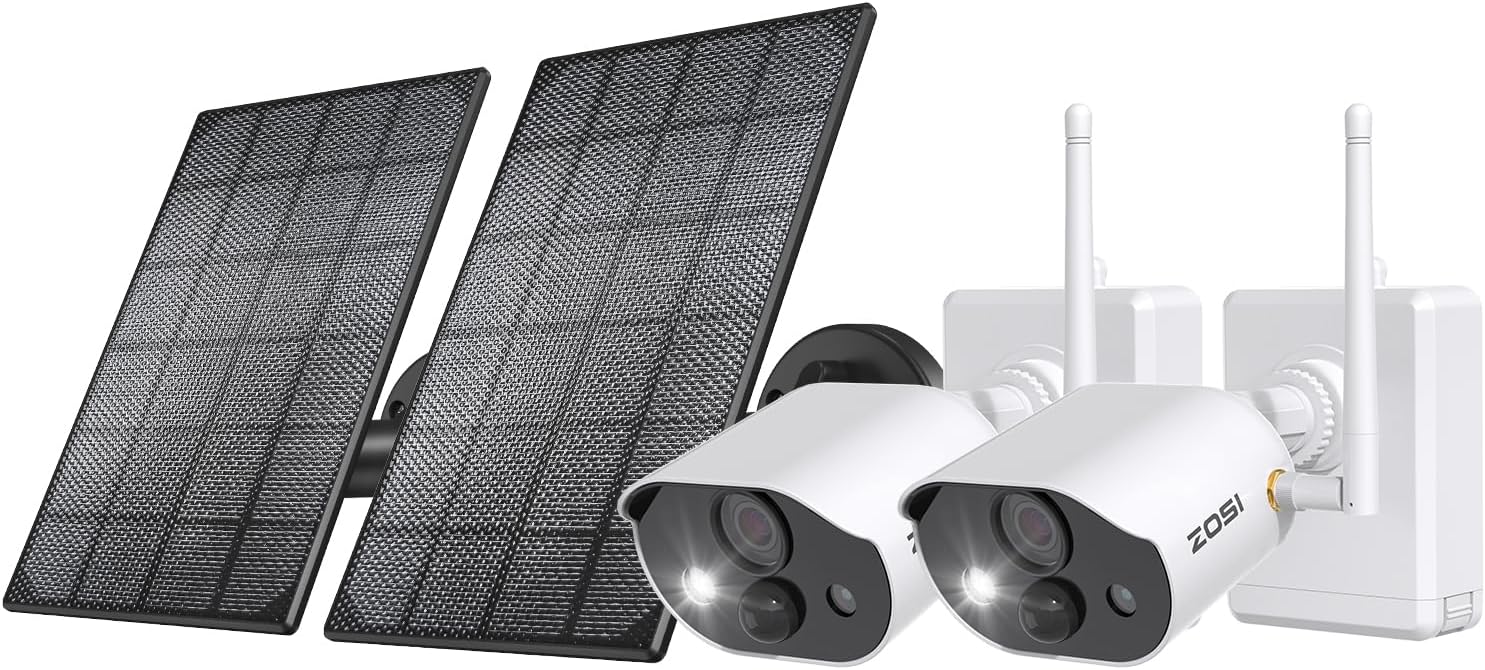 ZOSI C306 Pro 2K Solar Security Cameras Wireless Outdoor, 2PACK Outdoor Cameras for Home Security, Color Night Vision, PIR Motion Detection, Spotlight Alarm, 2-Way Talk, 2.4GHz WiFi, IP66 Waterproof