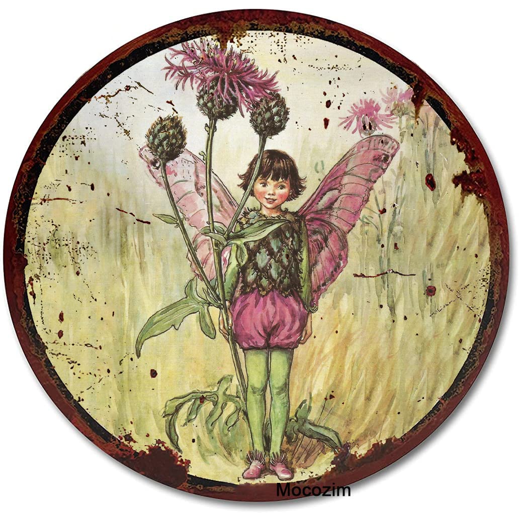 Mocozim Rustic Retro Round Metal Tin Sign Greater Knapweed Fairy Cicely Mary Barker Flower Fairies Vintage Wall Art Nursery Decor Fairy Print Home Decor Courtyard Decoration Sign 12X12 Inch
