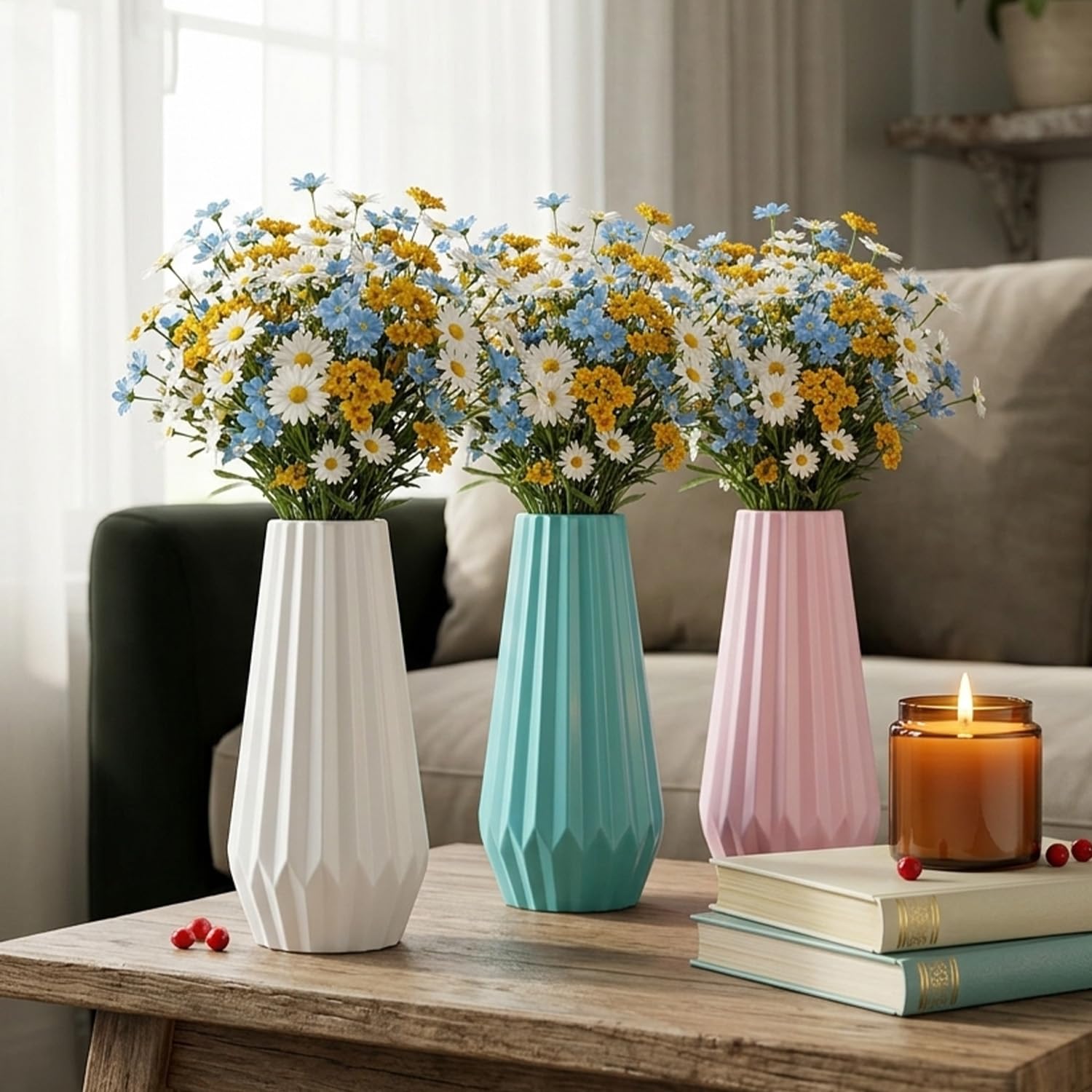 TrustBasket Serene Flower Vase Set of 3 Sky Blue Pink White Decorative Plastic Table Accent for Living Room, Bedroom & D