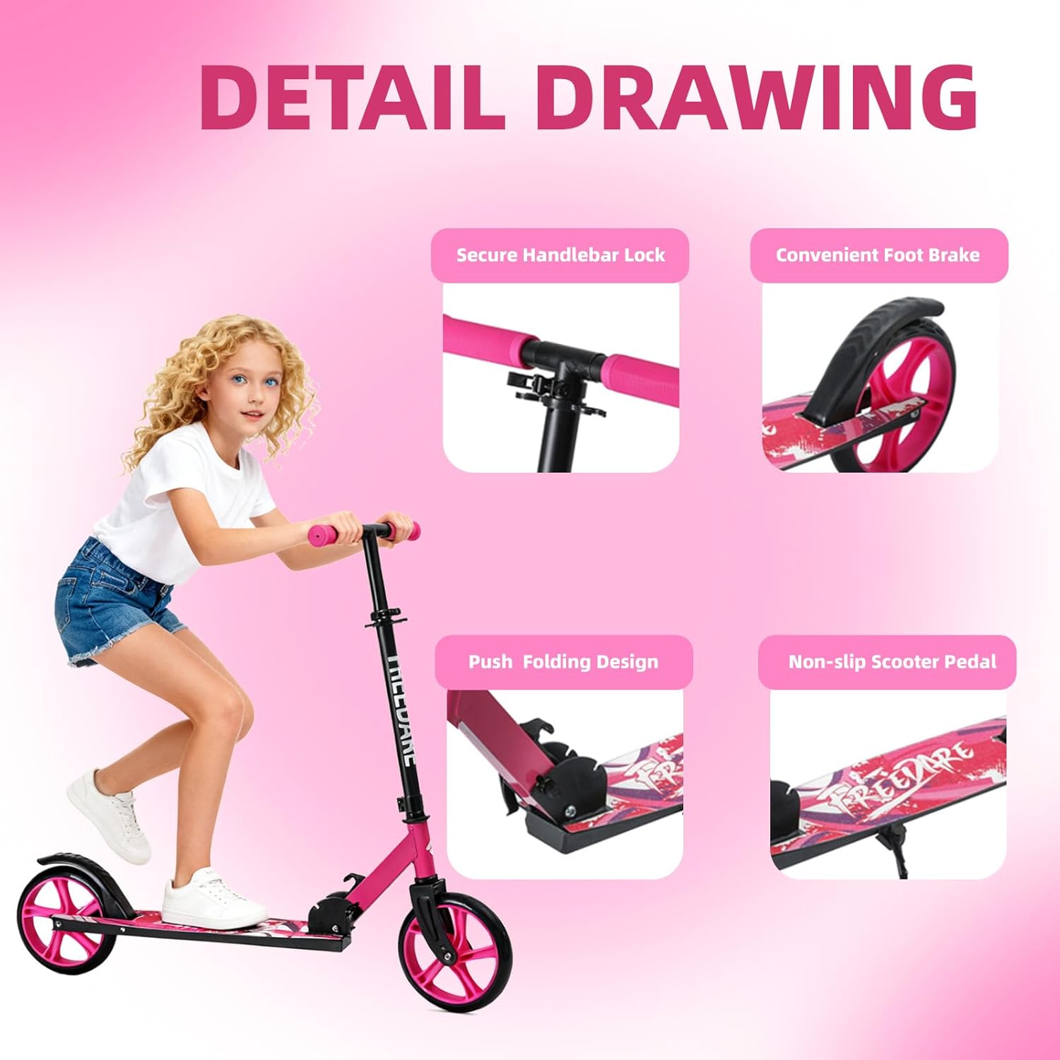 FREEDARE Kick Scooter for Kids & Adults Ages 8+, Foldable Teen Scooter with 2 Big 8-inch Wheels and 4-Level Adjustable Handlebar, Max Load 220 LBS - Image 3