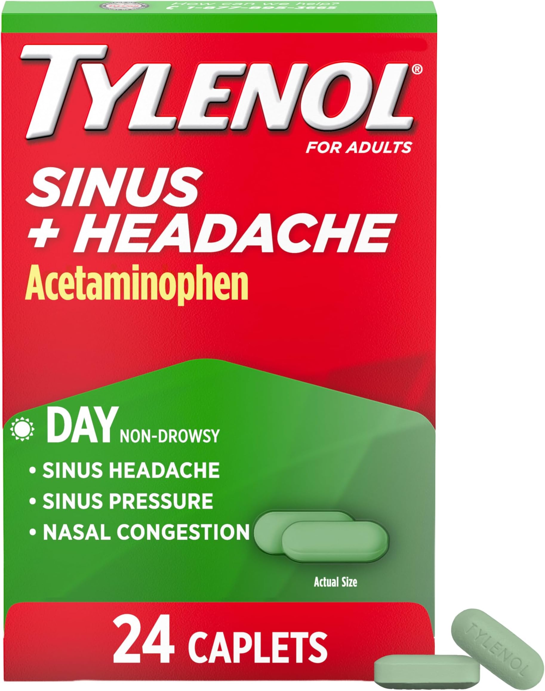 Tylenol Sinus + Headache Daytime Non-Drowsy Relief Caplets, Acetaminophen 325mg, Phenylephrine HCI 5mg, Nasal Decongestant for Sinus Pain, Headache & Nasal Congestion Relief, Fever Reduction, 24 Count