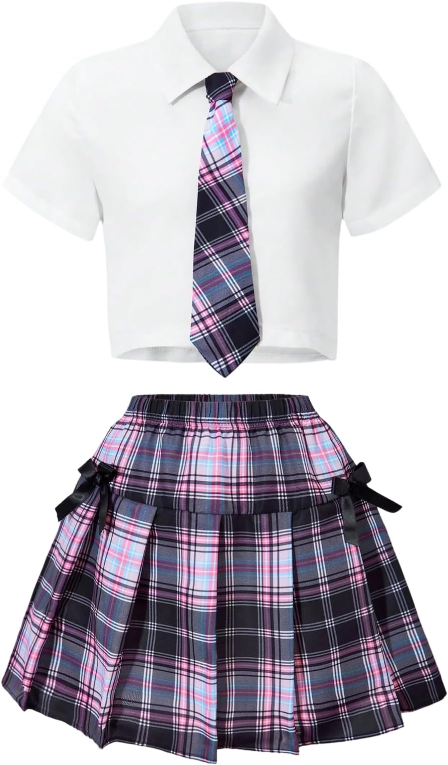 Girl's Two Piece Skirt Set Plaid Short Sleeve Shirt with Pleated Skirts Preppy Clothes