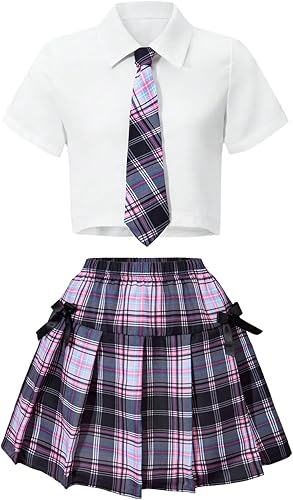 Milumia Girl's 2 Piece Outfits Short Sleeve Collared Shirt with Plaid Pleated Skirt Sets