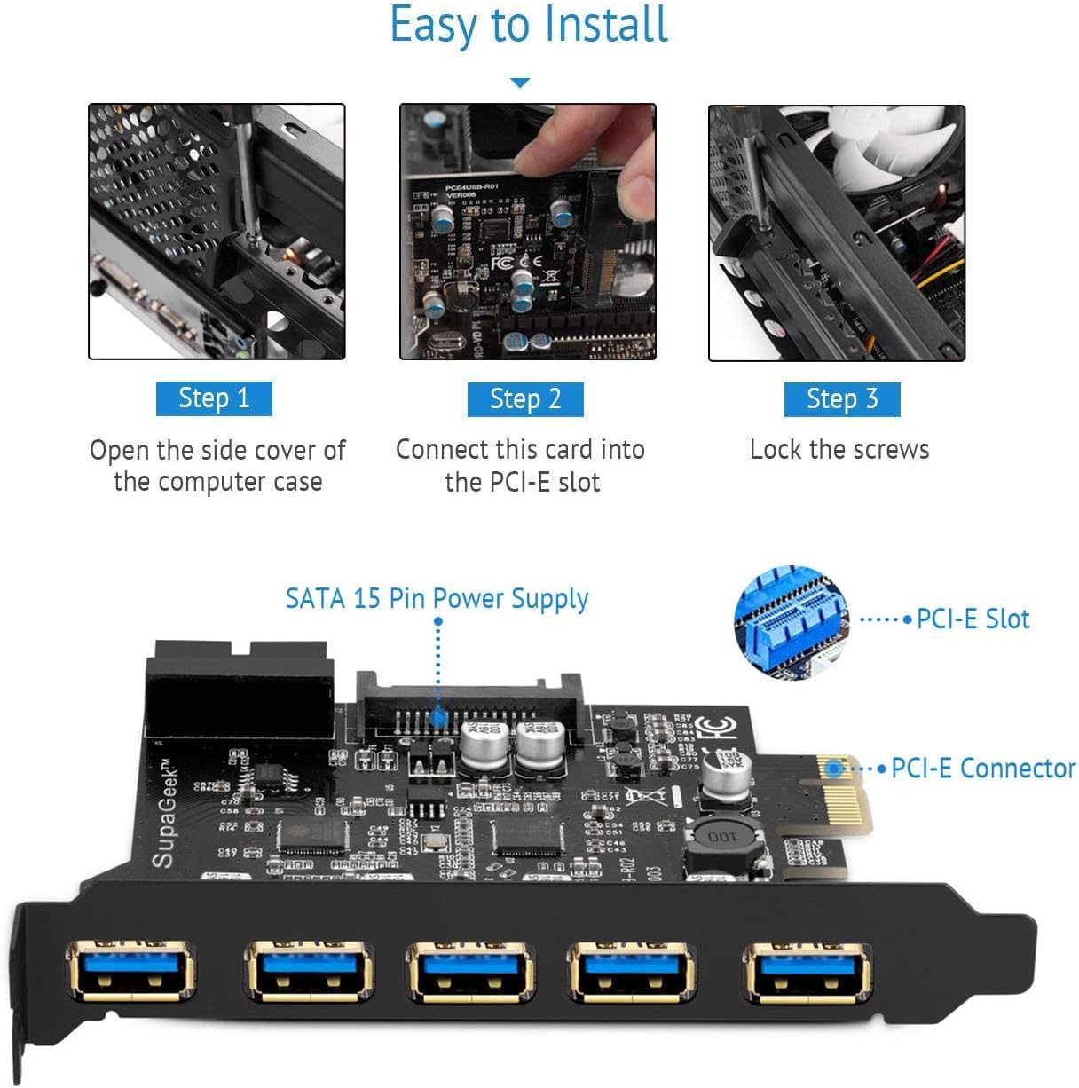 Carte PCI-E USB 3.0 Carte 5 Ports USB 3.2 Gen1 PCI Express Bande passante jusqu'à 5 Gbps Extension de 2 Ports 3.0 en façade pour PC de Bureau Win 10/8/8.1/7/XP
