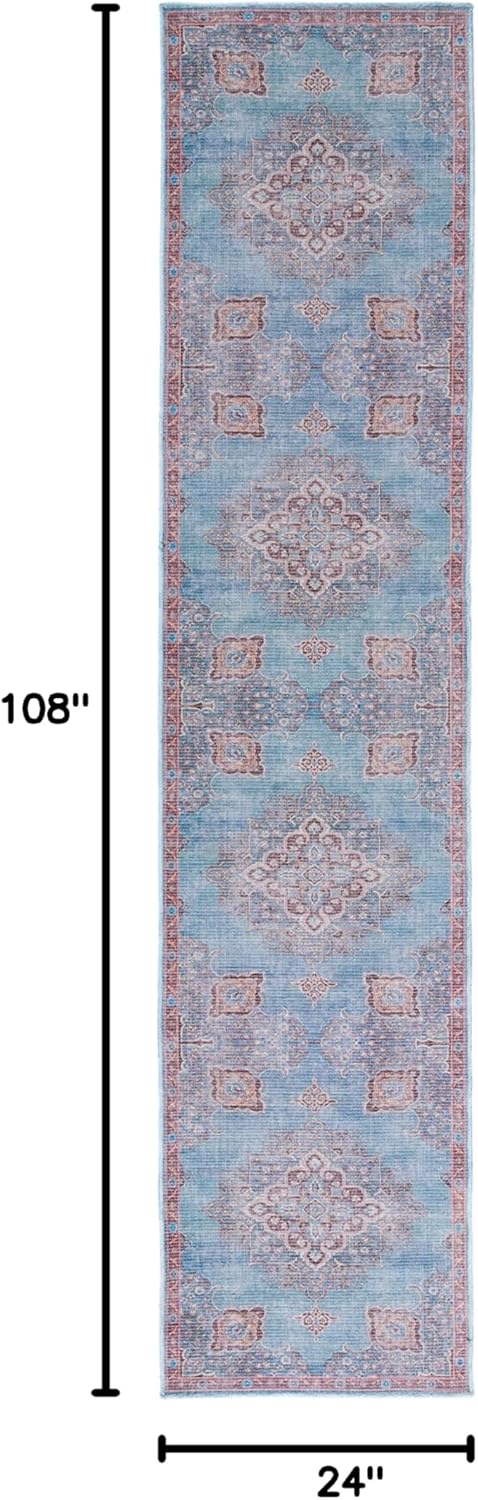 SAFAVIEH Washable Rug Serapi Collection - 2' x 9' Runner, Blue & Brown, Slip Resistant & Easy to Clean, Ideal for Hallway, Foyer, Entryway, Bedroom (SEP580M)