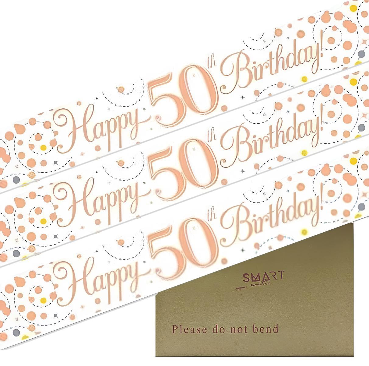 9ft Banner Happy 50th Birthday Sparkling Fizz White & Rose Gold Holographic Foil Pennant (274 cm)