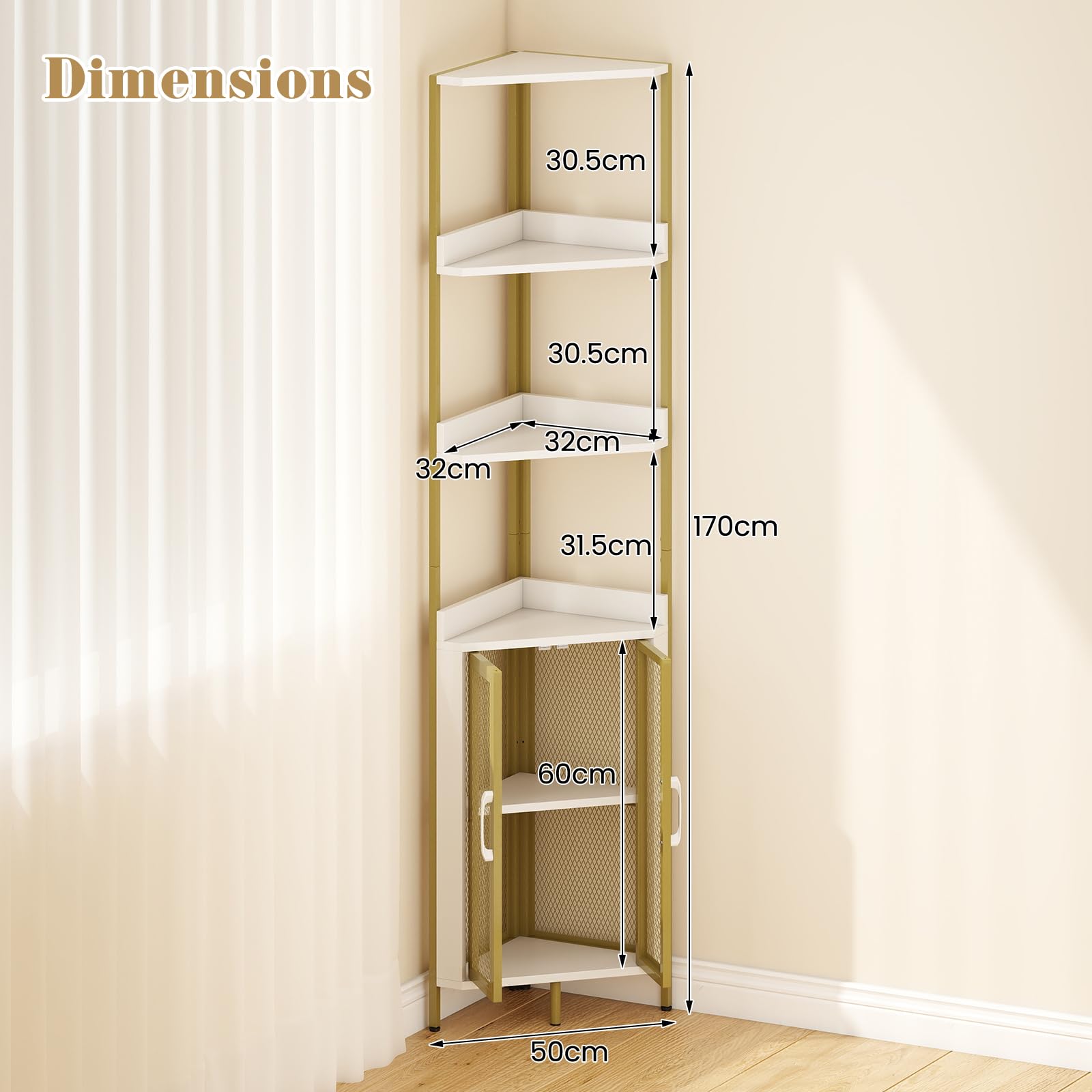 HOMASIS Scaffale ad Angolo, Mobiletto Angolare a 4 Ripiani e Armadietto, Portaoggetti di Legno, Mensola Industriale in Soggiorno, Studio, Cucina, Camera da Letto (Bianco, 32 x 170 cm)