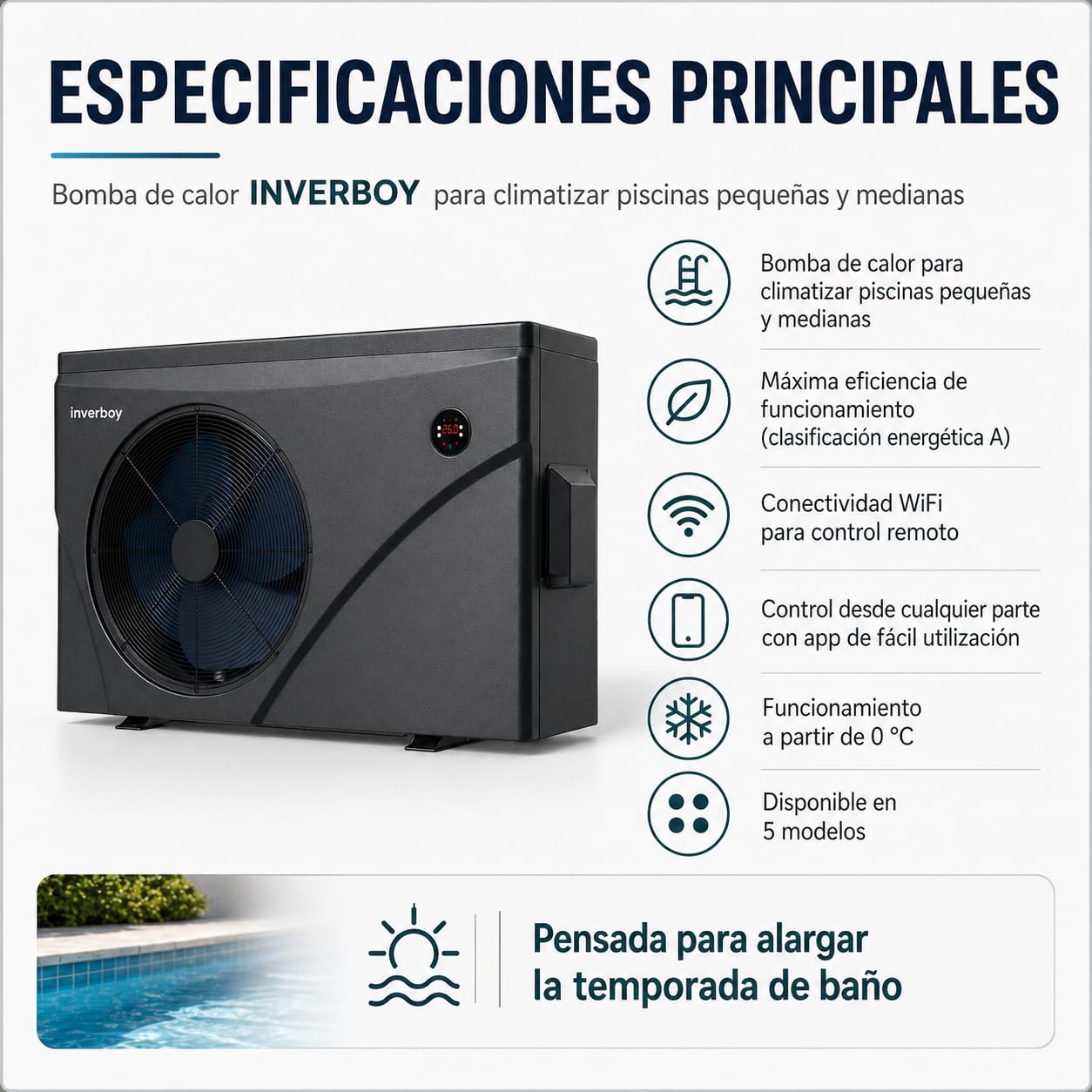 Inverboy Bomba de Calor para Piscina con WiFi, Clase Energética A, Funcionamiento Desde 0 °C, Modelos de 7 kW a 18 kW (7, Kilovoltios)